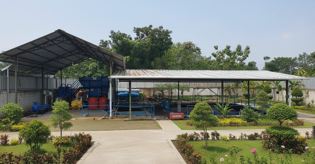 Diagram tahapan proses Sewage Treatment Plant STP mulai dari pengolahan primer hingga tersier.