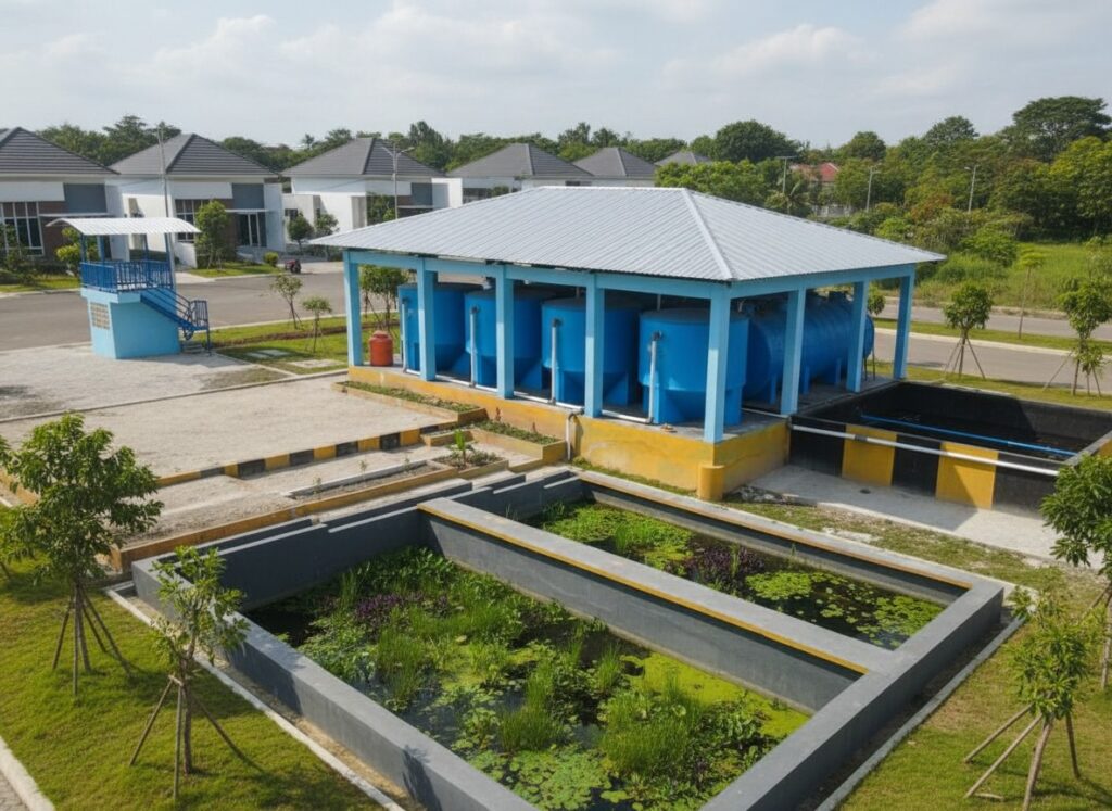 Diagram sistem IPAL Komunal untuk pengolahan limbah domestik di area pemukiman padat penduduk