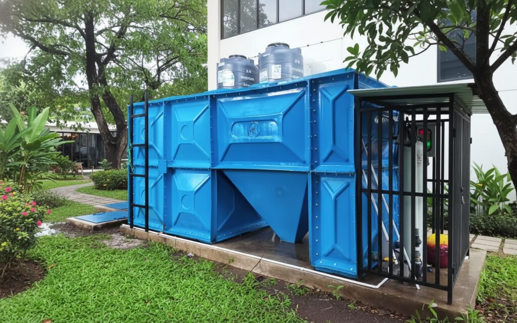 Foto komponen IPAL MBG yang menampilkan sistem pengolahan air limbah dari grease trap, bak ekualisasi, aerasi, hingga biofilter