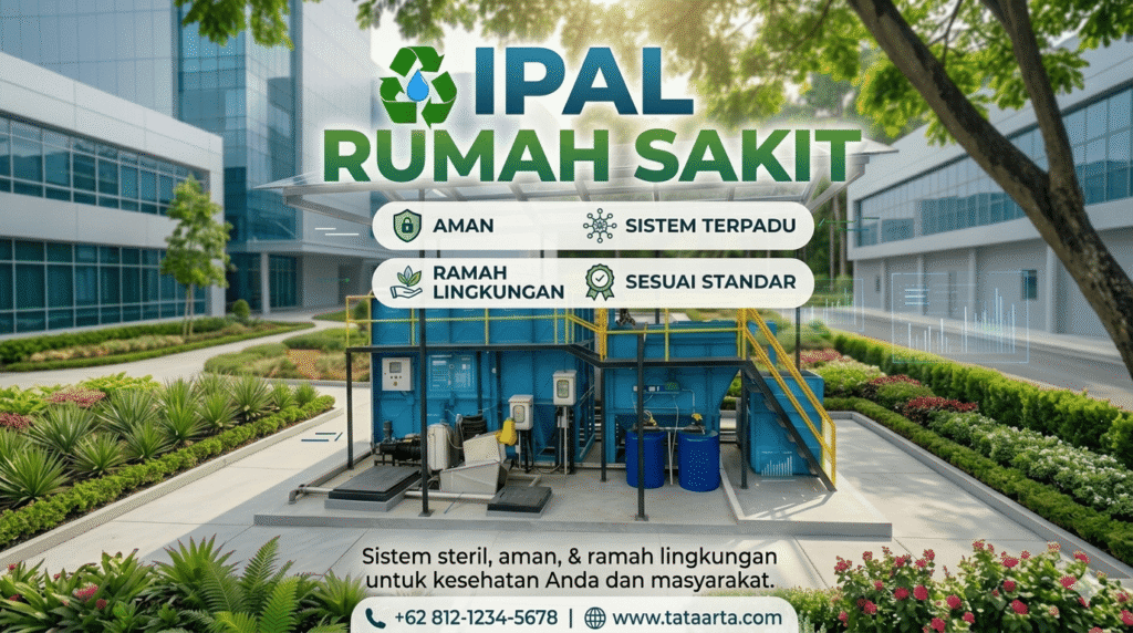 IPAL medis di rumah sakit yang mengolah limbah cair melalui filtrasi, biofilter, dan desinfeksi agar aman bagi lingkungan.