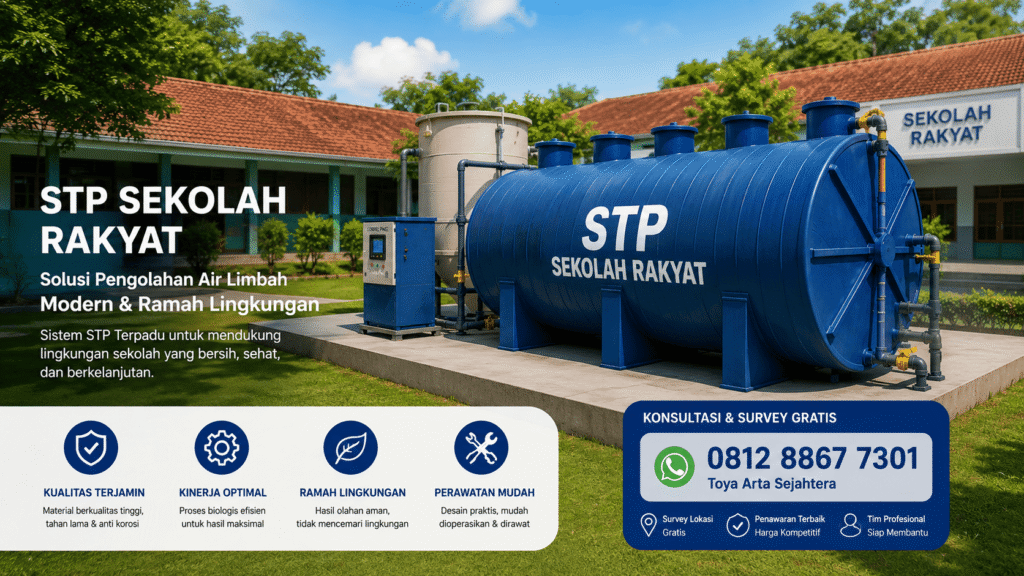 Tangki biofilter fiberglass warna biru terpasang untuk pengolahan limbah STP sekolah rakyat di area terbuka.