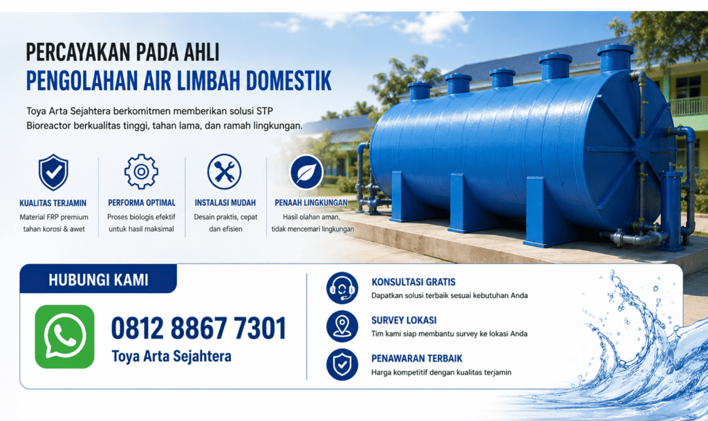 Proses instalasi STP sekolah rakyat berkualitas menggunakan tangki fiberglass modern.