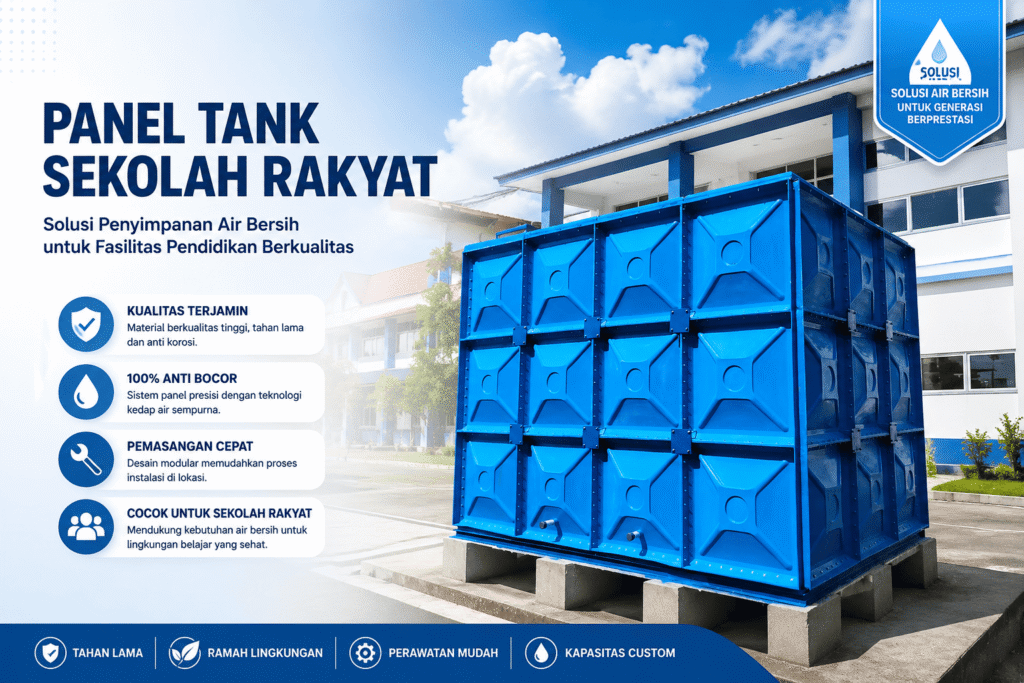 Tangki air sekolah rakyat bahan fiberglass warna biru terpasang di area sanitasi gedung sekolah dasar komunitas.