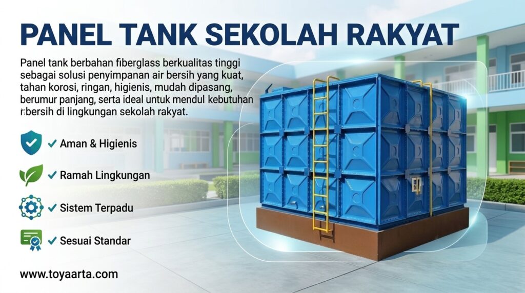 Desain panel tank sekolah rakyat berbahan fiberglass untuk penyimpanan air bersih.
