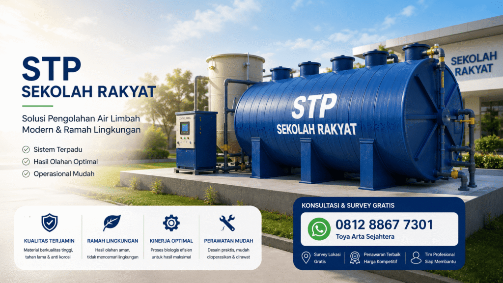 Desinfeksi STP sekolah rakyat untuk menghasilkan air limbah yang aman.