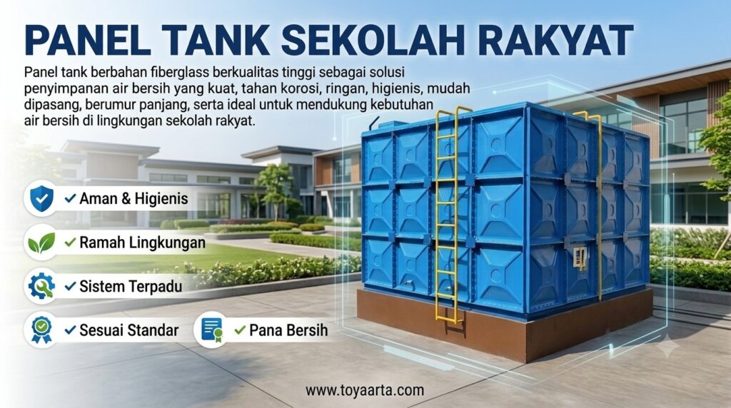Penerapan panel tank sekolah rakyat berbahan fiberglass untuk penyimpanan air bersih yang higienis dan efisien.