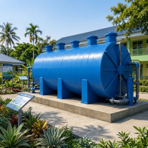 Sanitasi STP sekolah rakyat dengan sistem pengolahan air limbah domestik berbahan fiberglass.