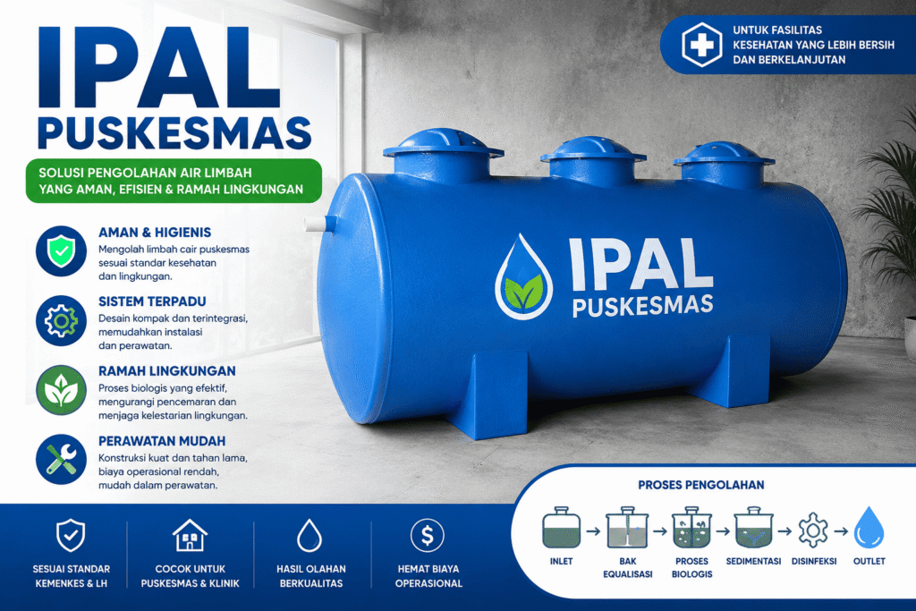 Sistem IPAL komunal puskesmas untuk pengolahan air limbah fasilitas kesehatan.