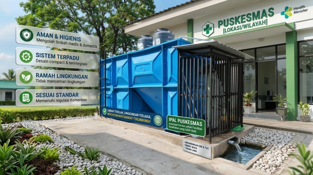 Instalasi IPAL komunal puskesmas dengan sistem biofilter untuk pengolahan air limbah fasilitas kesehatan.