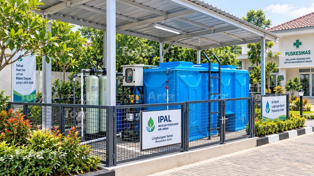 Instalasi IPAL Puskesmas Toya Arta Sejahtera dengan sistem pengolahan air limbah, filter, panel kontrol dan area berpagar